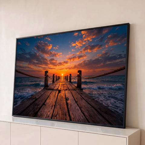 Píer de madeira com cordas e lanternas sobre o mar com ondas sob céu laranja ao pôr do sol, quadro decorativo