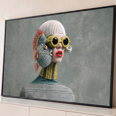 Mulher surreal com peixe baiacu no rosto, óculos amarelos e batom vermelho em fundo cinza, quadro decorativo