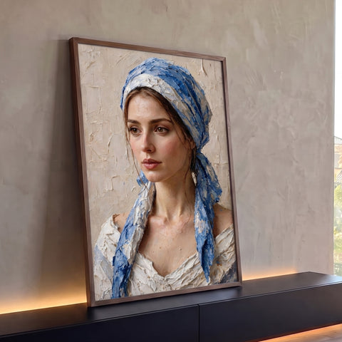 Retrato de mulher com lenço azul e branco em pintura a óleo com textura de espátula, quadro decorativo