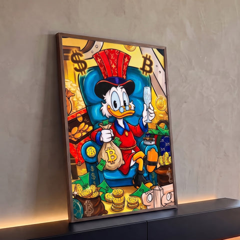 Tio Patinhas pop art na poltrona azul com saco de bitcoin, dólares e taça, quadro decorativo