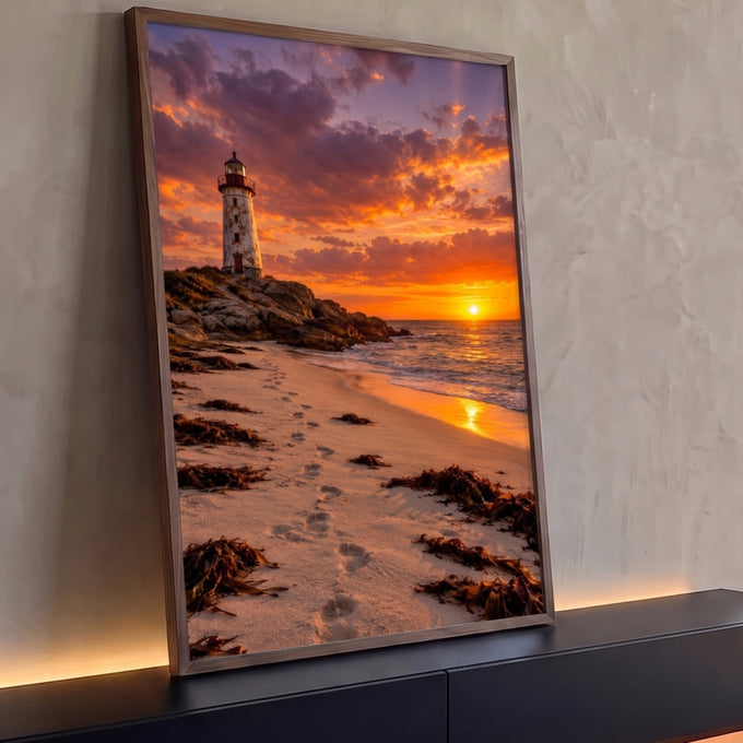 Farol branco sobre rochas, praia com pegadas e algas e pôr do sol laranja no mar, quadro decorativo