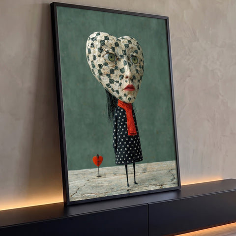 Figura surreal com cabeça em forma de coração, vestido de bolinhas e cachecol laranja, quadro decorativo