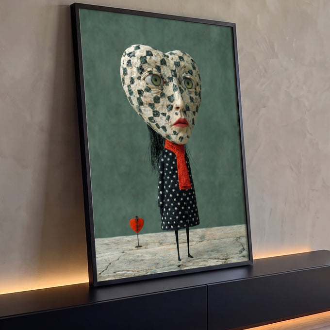 Figura surreal com cabeça em forma de coração, vestido de bolinhas e cachecol laranja, quadro decorativo