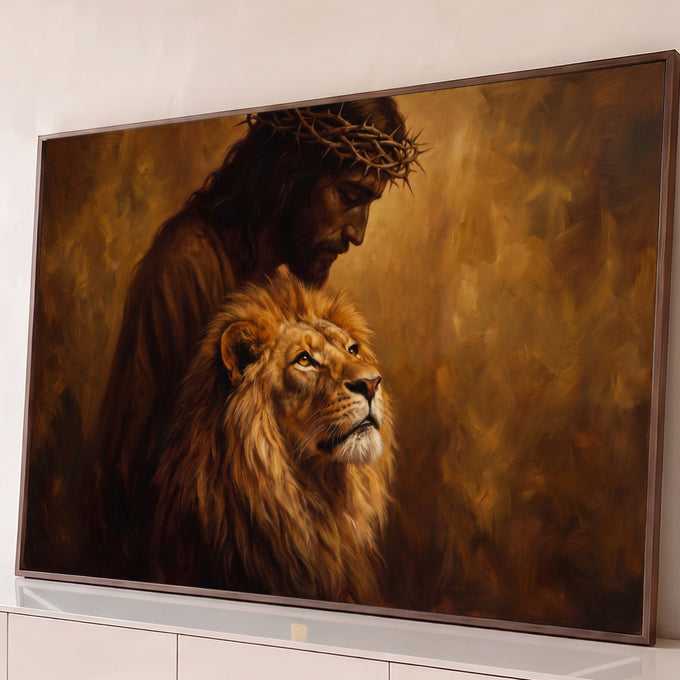 Jesus com coroa de espinhos ao lado do leão de Judá em pintura a óleo dourada, quadro decorativo