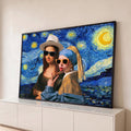 Quadro Decorativo Grande Mona Lisa para Sala Azul | quadros decorativos para sala | Mona Lisa e Moça do Brinco de Pérola com óculos escuros sobre fundo Noite Estrelada | Porao dos Quadros