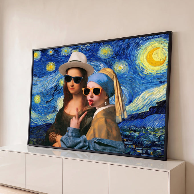 Quadro Decorativo Grande Mona Lisa para Sala Azul | quadros decorativos para sala | Mona Lisa e Moça do Brinco de Pérola com óculos escuros sobre fundo Noite Estrelada | Porao dos Quadros