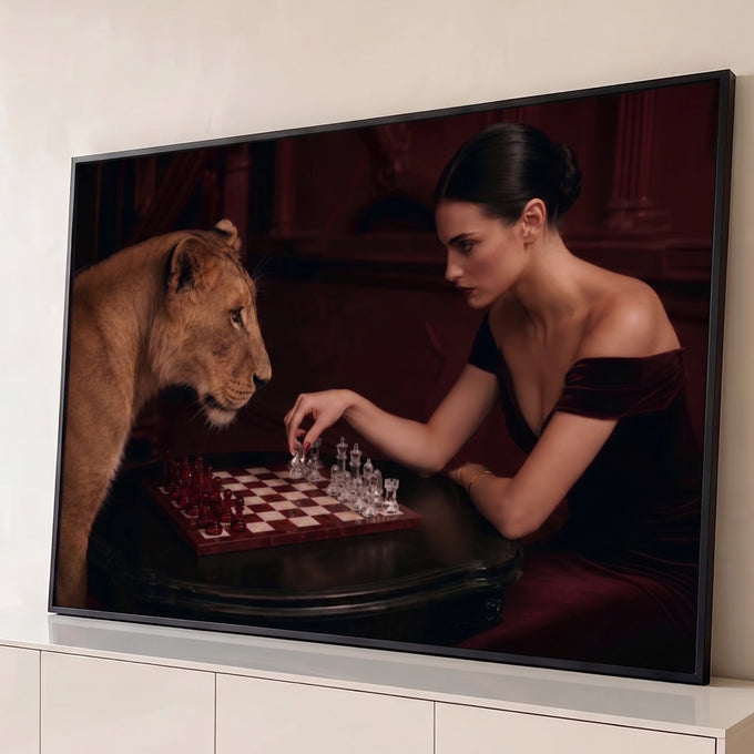 Quadro Decorativo Grande Mulher Jogando Vermelho para Sala | quadros decorativos para sala | mulher elegante jogando xadrez com uma leoa em cenário vermelho luxuoso | Porao dos Quadros