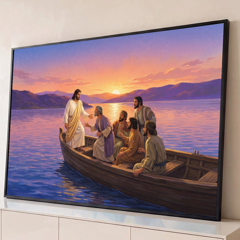 Jesus em pé no barco estendendo a mão aos discípulos em lago lilás ao pôr do sol, quadro decorativo
