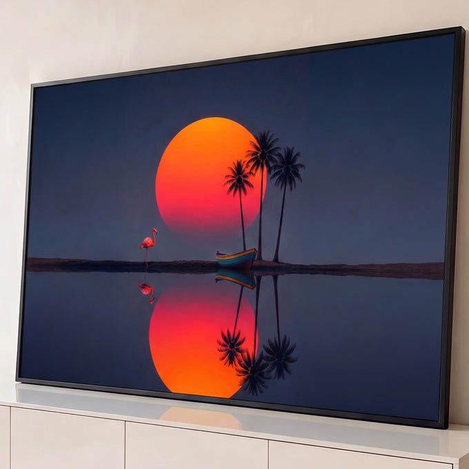 Sol laranja gigante refletido na água com flamingo, barco e palmeiras em céu azul, quadro decorativo