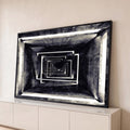 Quadro Decorativo Grande Túnel Geométrico para Sala Preto | quadros decorativos para sala | túnel de concreto preto e branco com molduras retangulares em perspectiva infinita | Porao dos Quadros