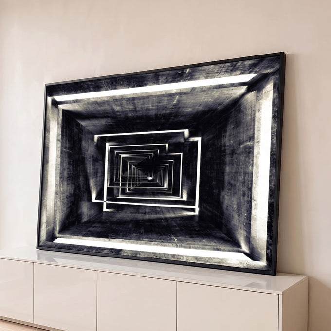 Quadro Decorativo Grande Túnel Geométrico para Sala Preto | quadros decorativos para sala | túnel de concreto preto e branco com molduras retangulares em perspectiva infinita | Porao dos Quadros