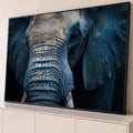 Quadro Decorativo Grande Elefante em Close para Sala Azul | quadros decorativos para sala | close da cabeça de elefante com pele rachada e poeira dourada sobre tom azulado | Porao dos Quadros