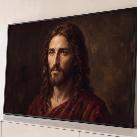 Retrato a óleo de Jesus Cristo com cabelo longo e manto vermelho sobre fundo escuro, quadro decorativo