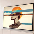 Quadro Decorativo Grande Mulher Surreal Laranja para Sala | quadros decorativos para sala | perfil feminino com deserto lua e sol em camadas horizontais estilo vintage | Porao dos Quadros