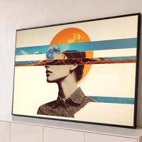 Quadro Decorativo Grande Mulher Lua e Sol para Sala Bege - Borda Infinita / 65x100cm