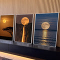Quadro Decorativo Kit 3 Telas Três Fases para Sala Laranja | quadros decorativos para sala | três cenas da lua cheia sobre savana, penhasco com cachoeira e mar ao entardecer | Porao dos Quadros