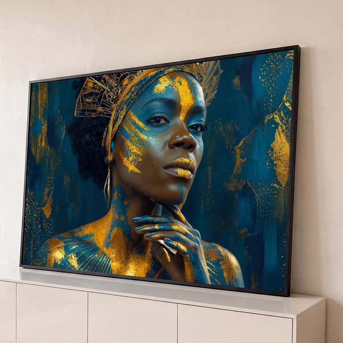 Mulher negra com pintura corporal dourada, toucado de ouro e mão no queixo em fundo azul, quadro decorativo