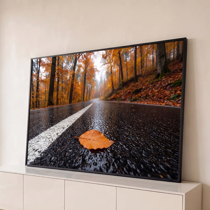 Folha laranja molhada sobre estrada de asfalto em floresta de outono com neblina, quadro decorativo