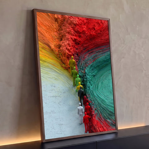 Fila de miniaturas de executivos de terno colorido entre paredes de tinta vermelha e verde, quadro decorativo