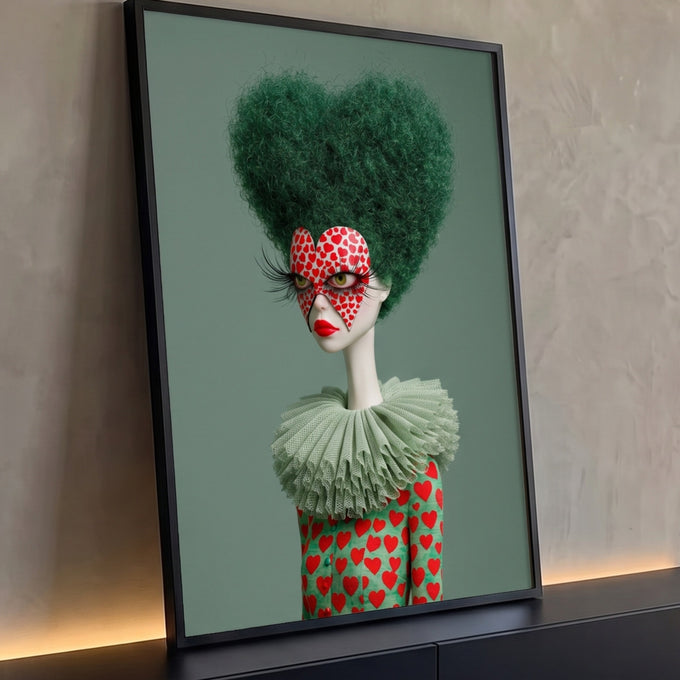 Boneca surreal de cabelo verde em forma de coração e máscara de corações vermelhos, quadro decorativo