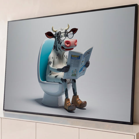 Vaca 3D de óculos sentada no vaso sanitário lendo jornal sobre fundo branco, quadro decorativo