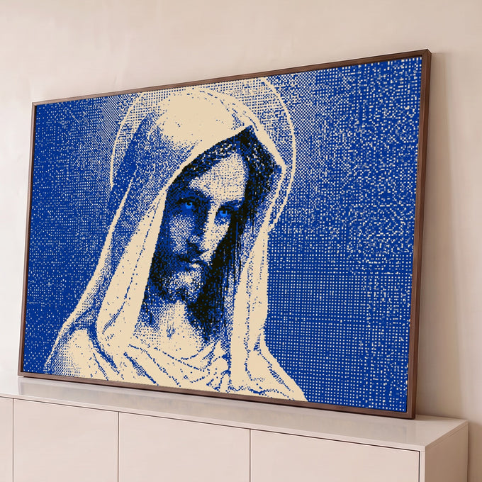 Quadro Decorativo Grande Nossa Senhora Pontilhismo para Sala | quadros decorativos para sala | Nossa Senhora com véu e mãos em oração em efeito halftone azul e bege | Porao dos Quadros
