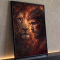 Quadro Decorativo Grande Leão e Jesus para Sala Laranja | quadros decorativos para sala | rosto de leão dourado mesclado ao rosto de um homem com coroa de espinhos sobre fogo | Porao dos Quadros