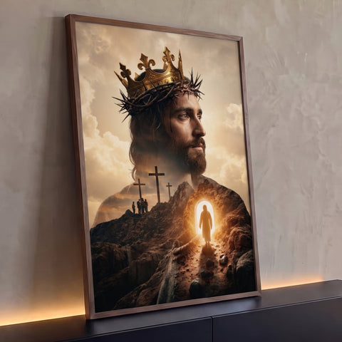 Jesus com coroa dourada e de espinhos, cruzes do Calvário e túmulo vazio iluminado, quadro decorativo
