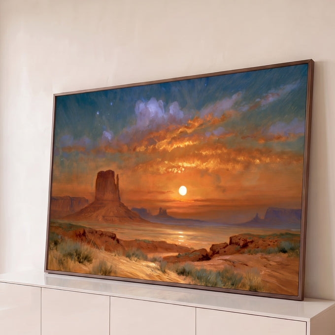 Quadro Decorativo Pôr do Sol no Vale dos Monumentos | quadros decorativos para sala | pôr do sol dourado sobre torres rochosas de deserto com céu estrelado | Porao dos Quadros