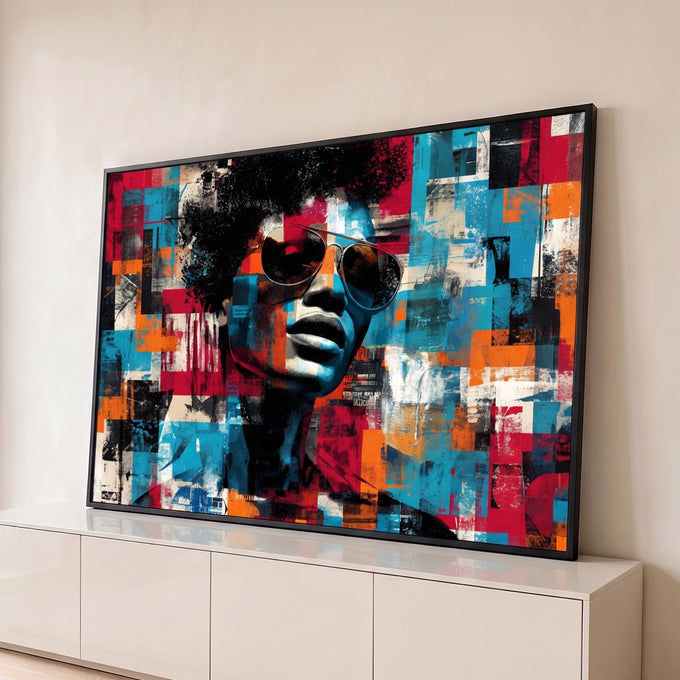 Quadro Decorativo Grande Retrato Pop Art para Sala Azul | quadros decorativos para sala | retrato pop art com óculos aviador e cabelo black power em mosaico colorido | Porao dos Quadros