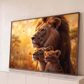 Quadro Decorativo Grande Família Leões Dourada para Sala | quadros decorativos para sala | leão, leoa e filhote em perfil com borboletas e luz dourada ao fundo | Porao dos Quadros