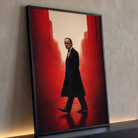 Gangster de terno preto e rosa na lapela caminhando entre prédios vermelhos em névoa, quadro decorativo