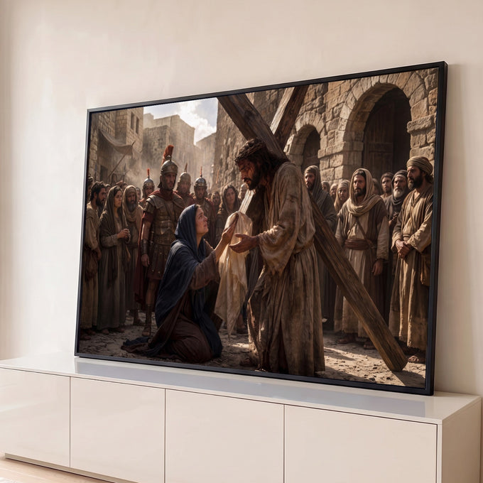 Jesus com coroa de espinhos e a cruz recebe o véu de Verônica entre romanos, quadro decorativo