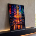 Ponte estaiada sob céu dividido em pôr do sol, aurora boreal, lua e via láctea, quadro decorativo