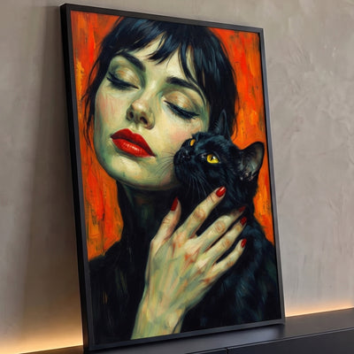 Quadro Decorativo Mulher com Gato Preto em Fundo Laranja