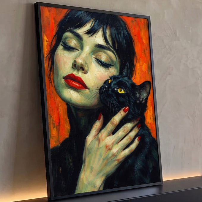 Quadro Decorativo Mulher com Gato Preto em Fundo Laranja | quadros decorativos para sala | mulher de olhos fechados segurando gato preto de olhos amarelos em fundo laranja | Porao dos Quadros
