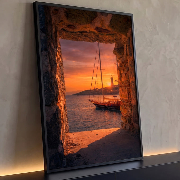 Veleiro ancorado ao pôr do sol com farol, visto por janela de pedra antiga, quadro decorativo