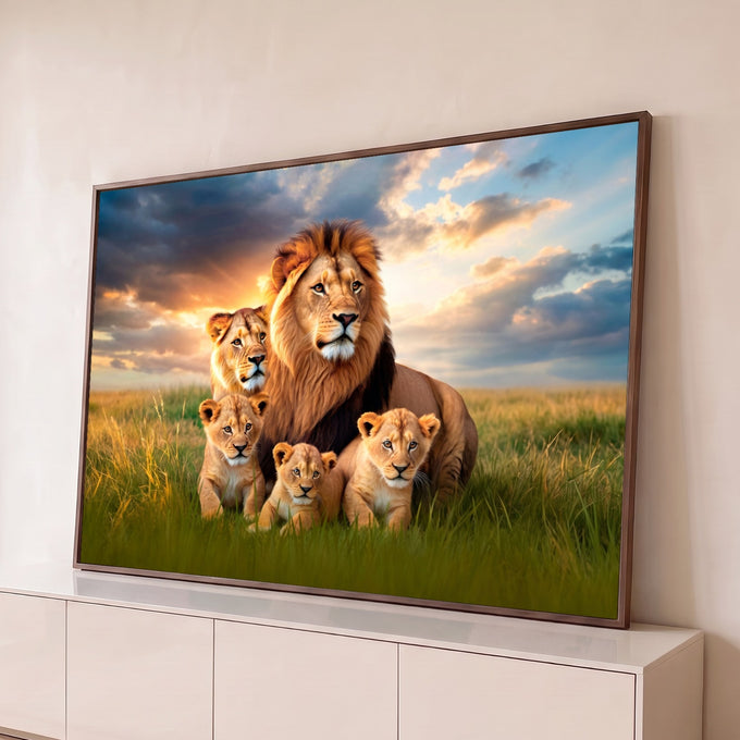 Leão, leoa e três filhotes na grama alta da savana sob céu alaranjado de pôr do sol, quadro decorativo