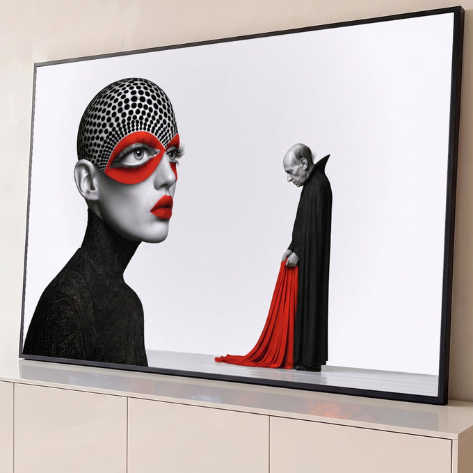 Mulher com touca de bolinhas e máscara vermelha e homem de capa preta ao fundo, quadro decorativo