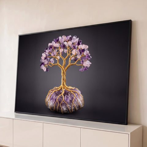 Árvore de fio dourado com folhas de ametista e quartzo rosa sobre drusa de cristal, quadro decorativo