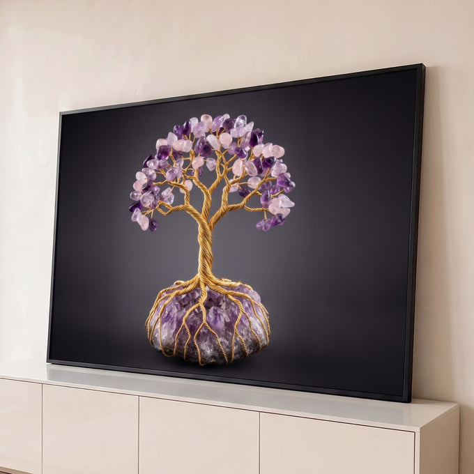 Árvore de fio dourado com folhas de ametista e quartzo rosa sobre drusa de cristal, quadro decorativo