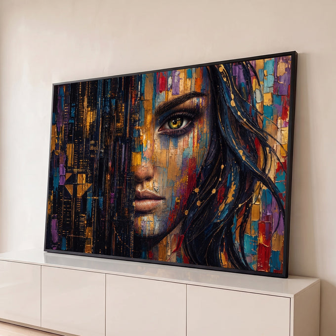 Rosto de mulher de olhos verdes fundido a prédios noturnos dourados, em pintura texturizada, quadro decorativo