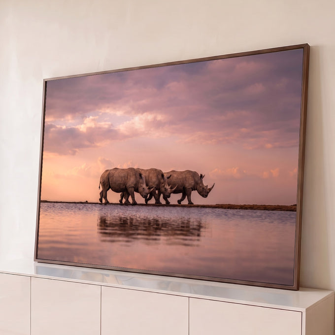 Três rinocerontes caminhando sob céu rosa ao pôr do sol, refletidos na água calma, quadro decorativo
