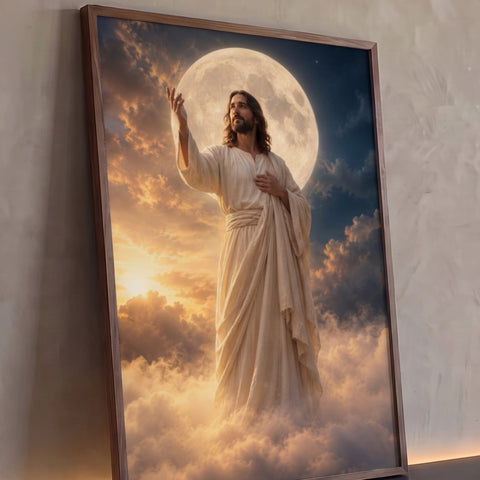Jesus de manto bege com a mão erguida sobre nuvens douradas e lua cheia ao fundo, quadro decorativo