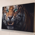 Quadro Decorativo Grande Tigre Rugindo para Sala Laranja | quadros decorativos para sala | close extremo de tigre rugindo com olhos verdes vibrantes e presas à mostra | Porao dos Quadros