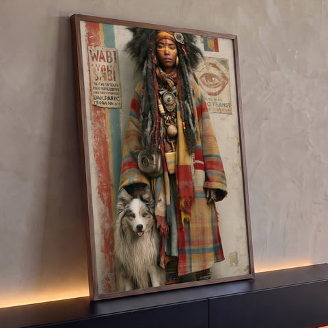 Quadro Decorativo Mulher Tribal com Cachorro em Parede | quadros decorativos para sala | mulher com dreadlocks e pintura facial ao lado de cachorro border collie em cenário vintage | Porao dos Quadros