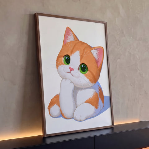 Gatinho laranja e branco de olhos verdes com a patinha no queixo em ilustração fofa, quadro decorativo