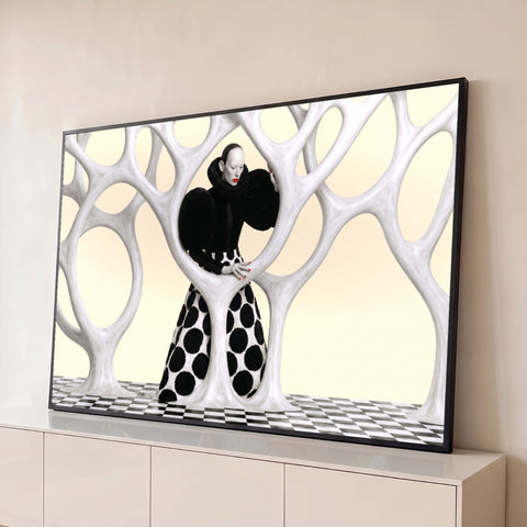 Mulher com gola rufo e saia de bolinhas entre galhos brancos, fundo bege e piso xadrez, quadro decorativo