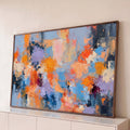 Quadro Decorativo Grande Abstrato em Azul para Sala Laranja | quadros decorativos para sala | pintura abstrata com texturas de laranja, azul e roxo em pinceladas espessas | Porao dos Quadros