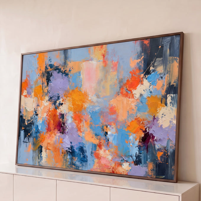 Quadro Decorativo Grande Abstrato em Azul para Sala Laranja | quadros decorativos para sala | pintura abstrata com texturas de laranja, azul e roxo em pinceladas espessas | Porao dos Quadros